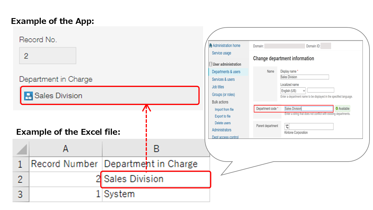 Screenshot: Example of importing data into a "Department selection" field