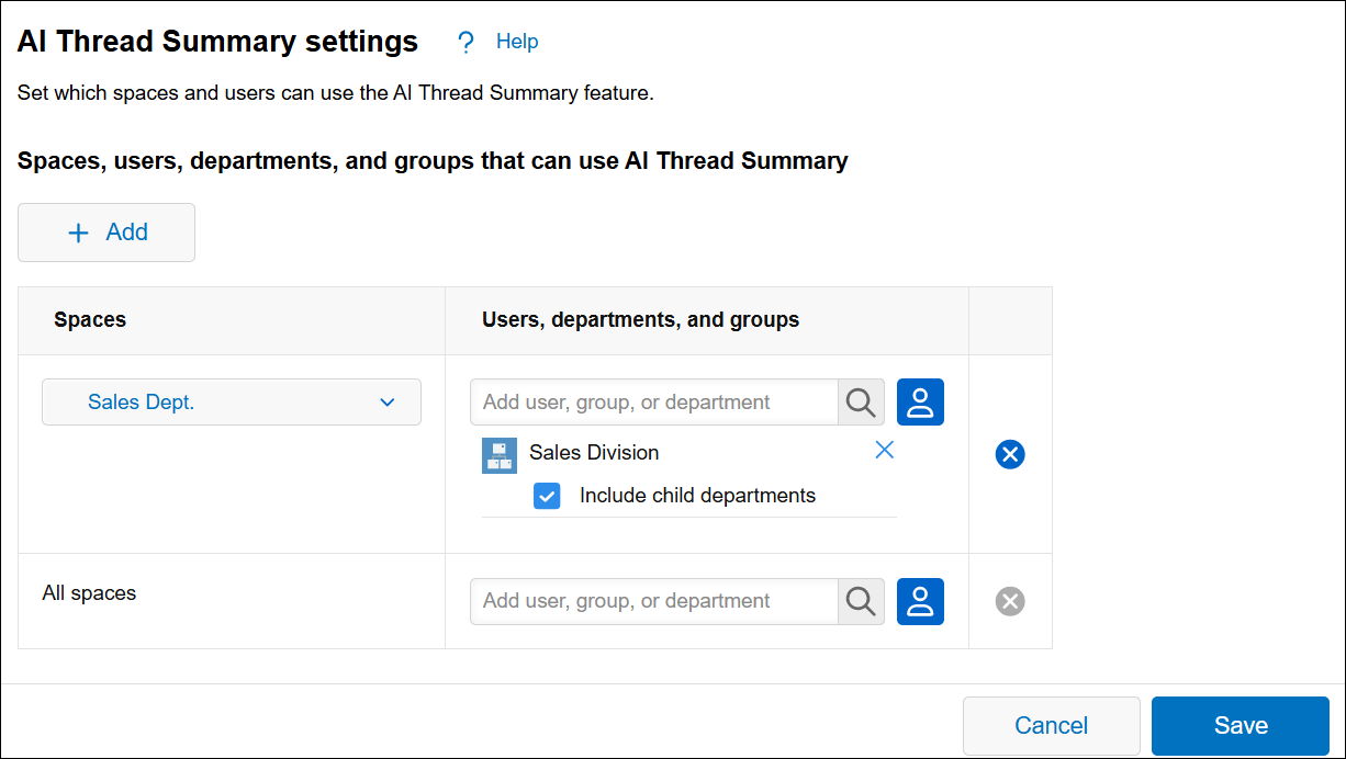 Screenshot: Setting up the spaces and users that can use the AI Thread Summary feature