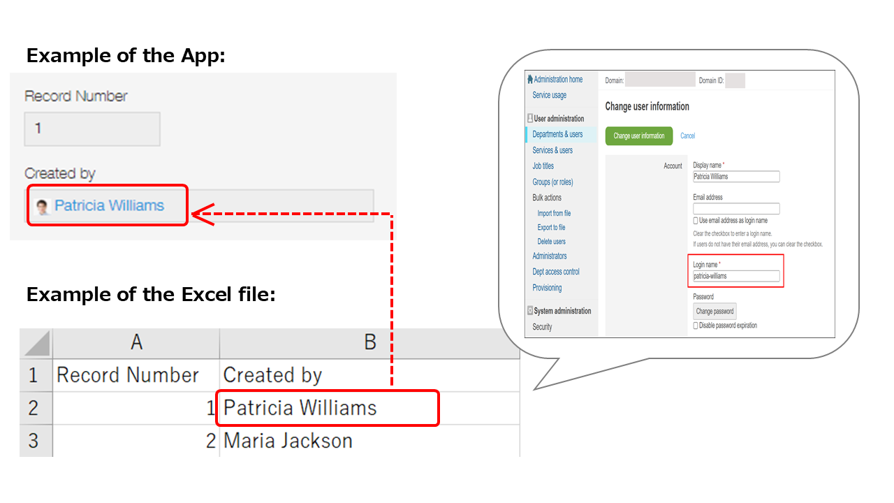 Screenshot: Example of importing data into a "Created by" field