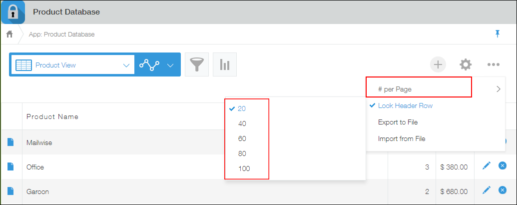 Screenshot: The "# per page" menu option is displayed
