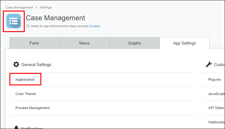 Screenshot: "Change app icon" and the "Appearance" link are outlined