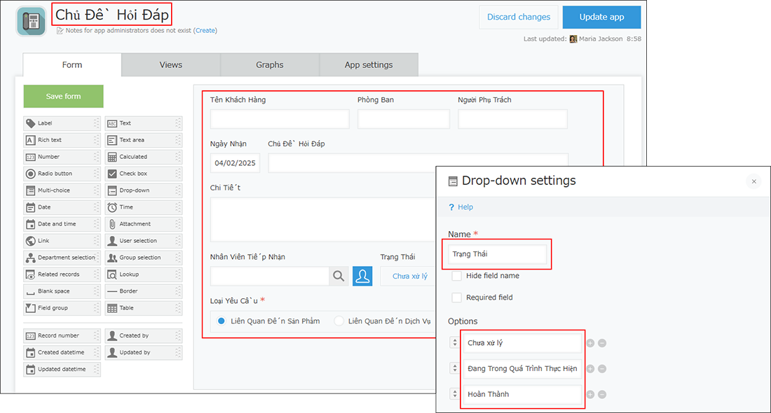 Screenshot: An app name and field names are entered in Vietnamese