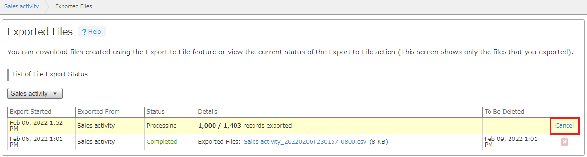 Screenshot: "Cancel" is highlighted on the "Exported files" screen