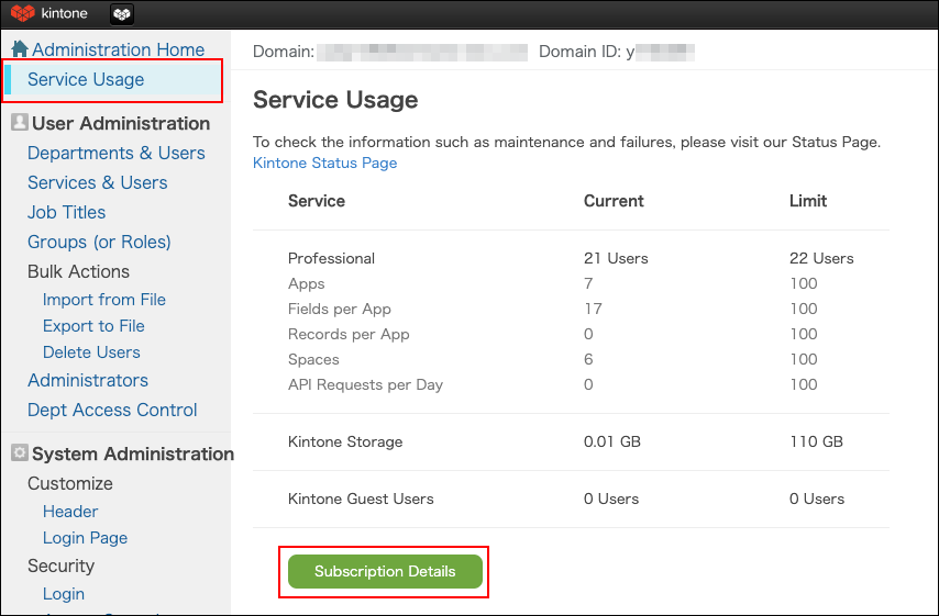 Screenshot: The "Subscription details" button is highlighted on the "Service usage" screen