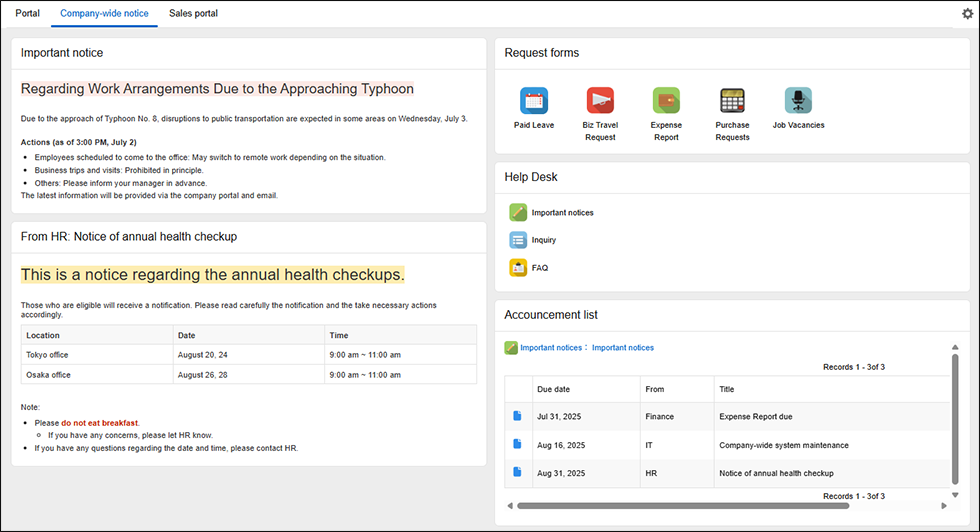 Screenshot: Example of a portal for company-wide announcements