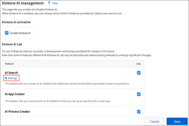 Screenshot: The "Settings" link is highlighted under the "AI Search" feature name
