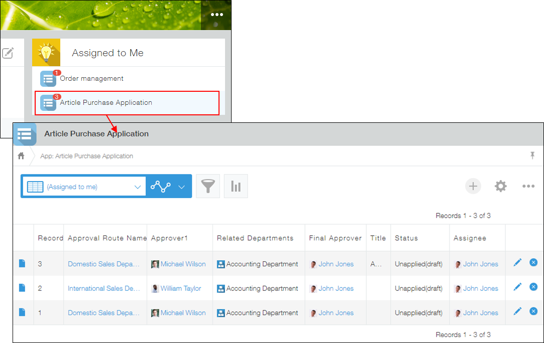 Screenshot: An app in the "Assigned to me" section of a portal is highlighted, and an arrow points from it to the opened app screen