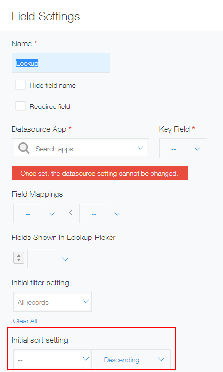 Screenshot: The "Initial sort setting" section on the "Field settings" screen is outlined in red