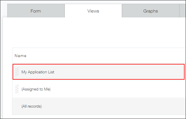 Screenshot: The "My Application List" view is highlighted in the "Name" section of the "Views" tab