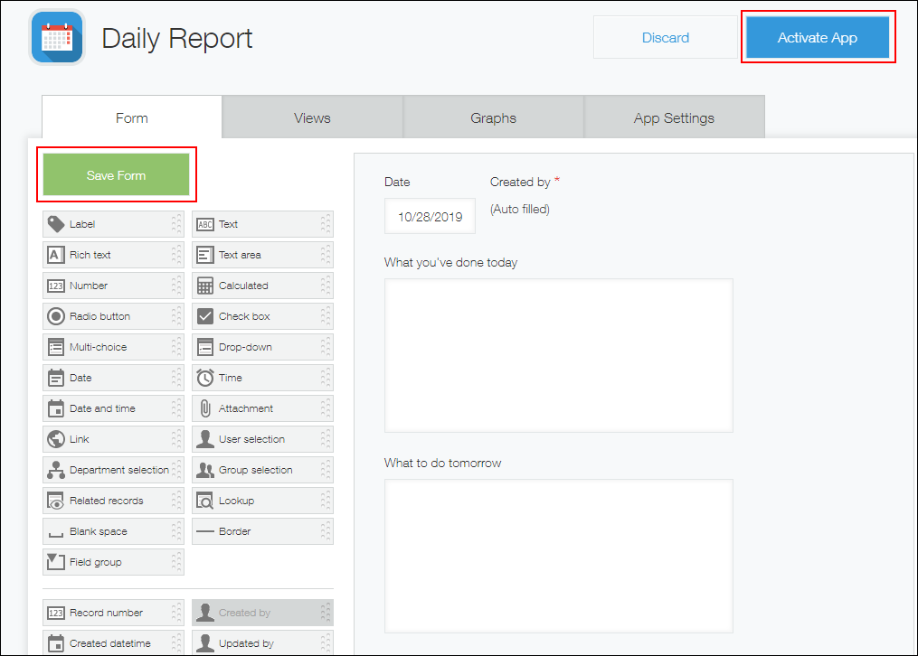 Screenshot: "Save form" and "Activate app" are highlighted