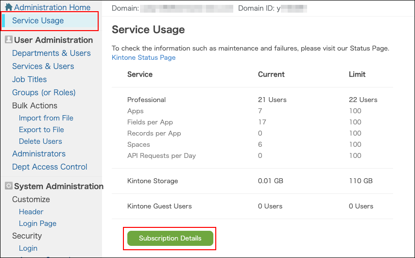 Screenshot: The "Subscription details" button is highlighted on the "Service usage" screen