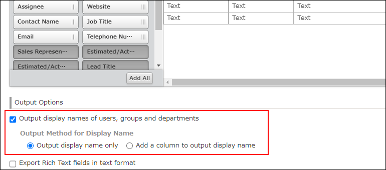 Screenshot: The "Output display names of users, groups and departments" checkbox is highlighted