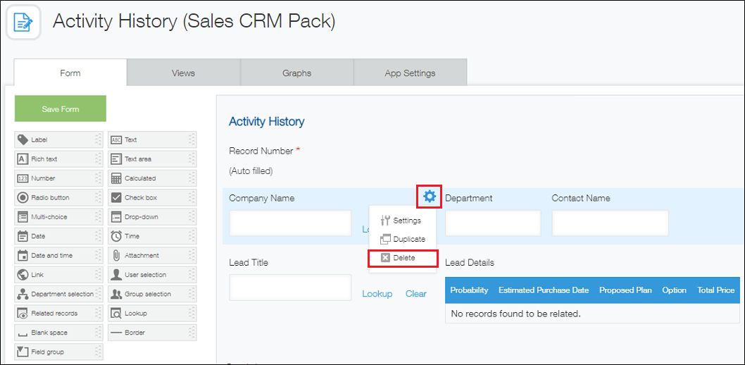 Screenshot: Deleting the "Company Name" field