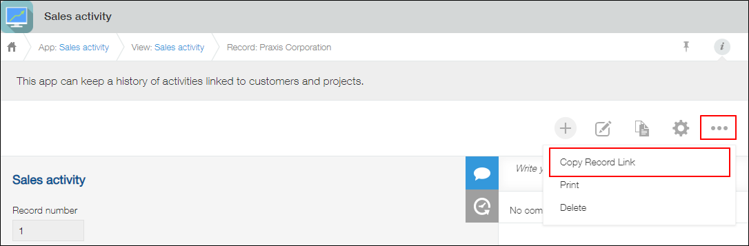 Screenshot: "Copy record link" is highlighted
