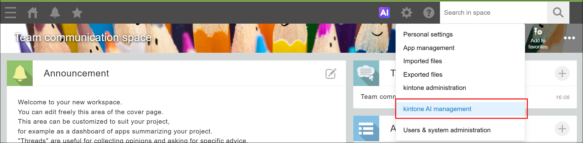 Screenshot: The "kintone AI management" link is highlighted in the "Settings" menu