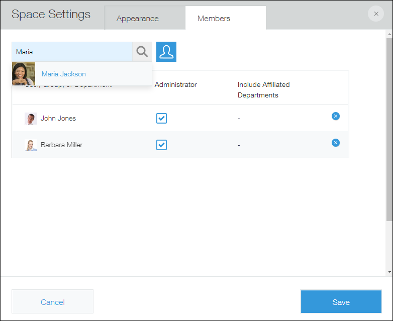 Screenshot: The "Members" tab is displayed on the "Space settings" screen