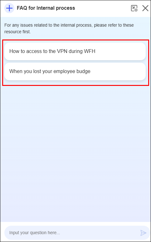 Screenshot: A chatbot with prompt buttons set