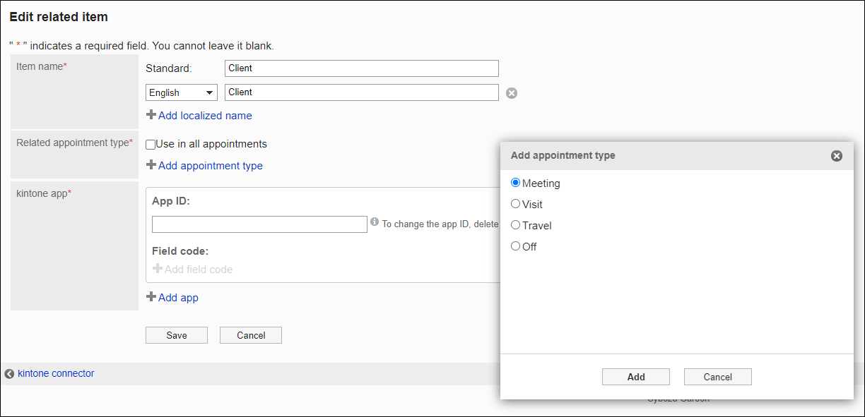 Screenshot: The "Use in all appointments" checkbox in the "Related appointment type" section is unchecked