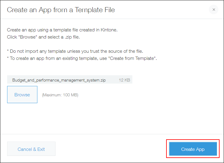 Screenshot: The "Create app" button on the "Create apps from template file" screen is highlighted