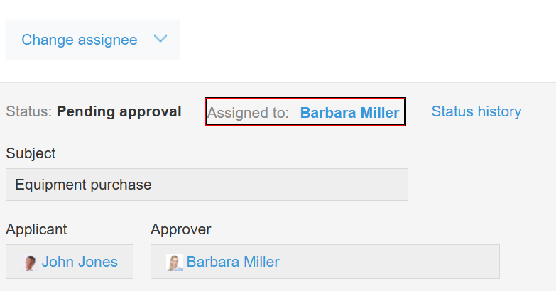 Screenshot: The current assignee of a record is displayed