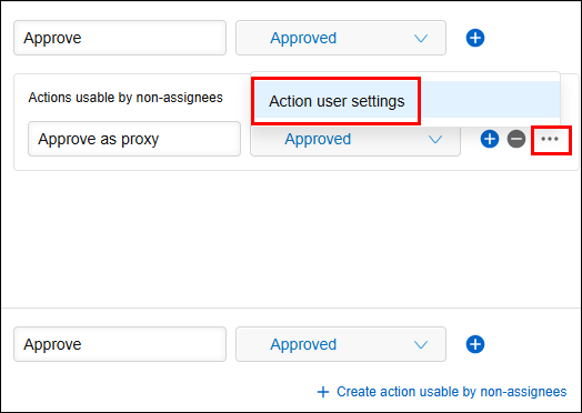 Screenshot: The "Options" icon and the "Action user settings" option are highlighted