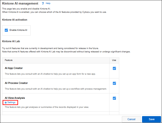 Screenshot: The "Settings" link is highlighted under the "AI View Analysis" feature name