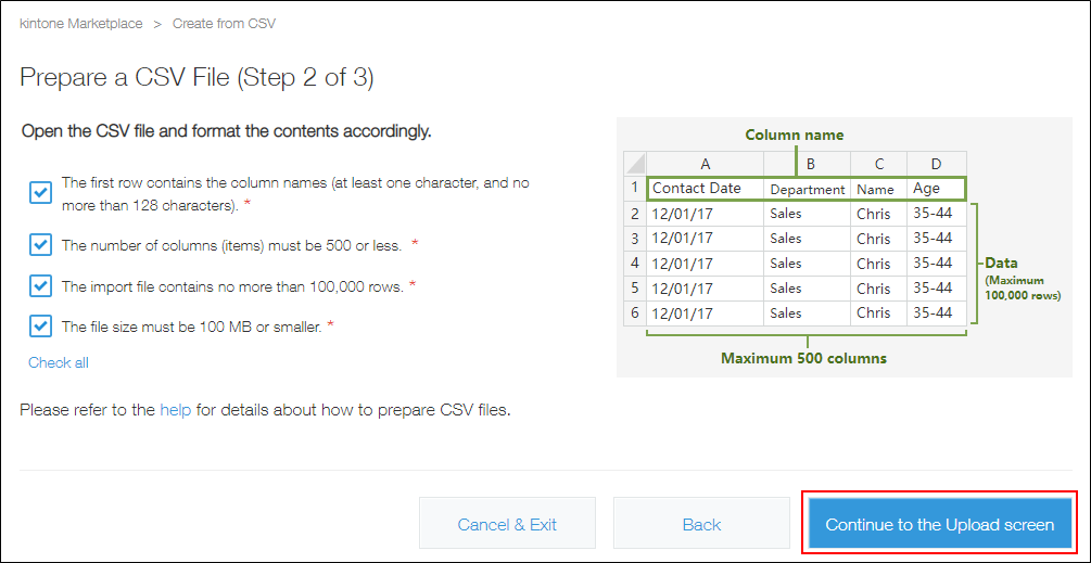 Screenshot: "Continue to the Upload screen" is highlighted