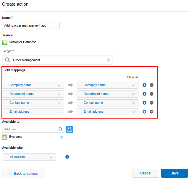 Screenshot: "Field mappings" is highlighted on the settings screen for an action