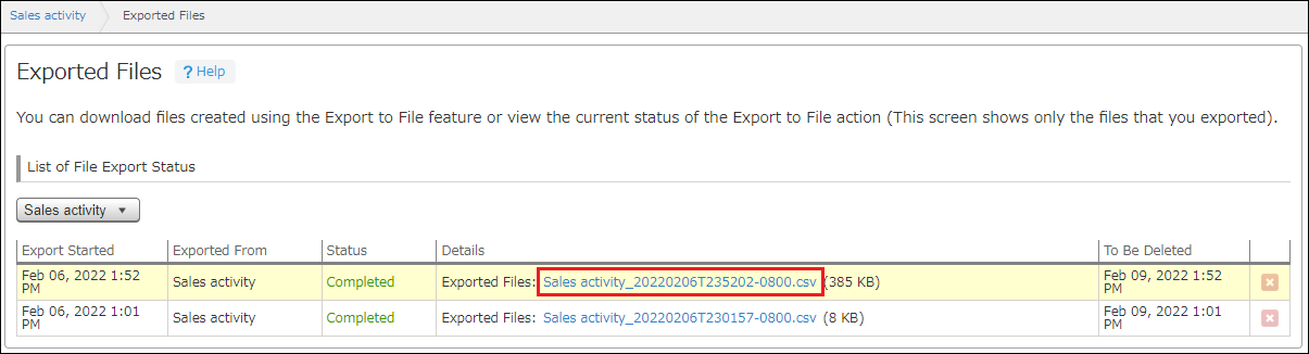 Screenshot: A file name is highlighted on the "Exported files" screen