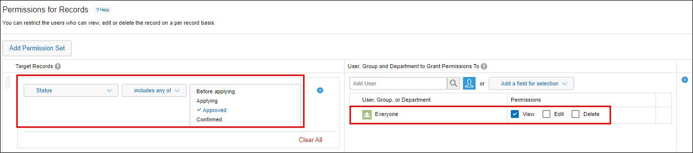 Screenshot: The "Target records" section and "Everyone" in the "User, group and department to grant permissions to" section are highlighted on the "Permissions for records" screen