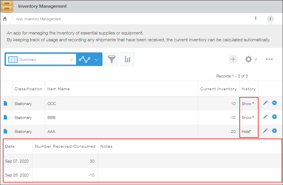 Screenshot: The "Show" button is clicked to display fields in a table