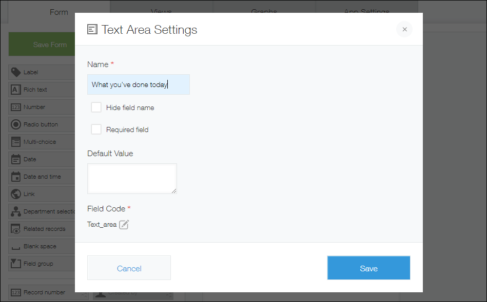 Screenshot: The settings dialog for a "Text area" field is displayed
