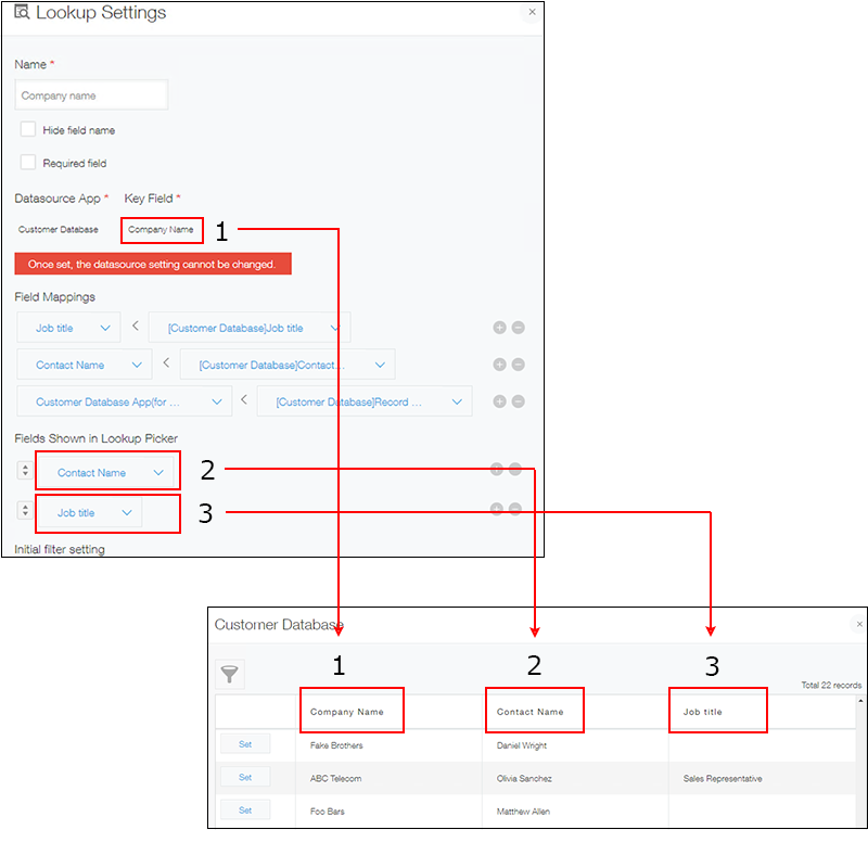 Screenshot: The field designated as "Key field" on the "Lookup settings" screen is displayed as the leftmost column of the Lookup picker dialog