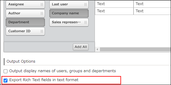 Screenshot: The "Export Rich text fields in text format" checkbox is highlighted