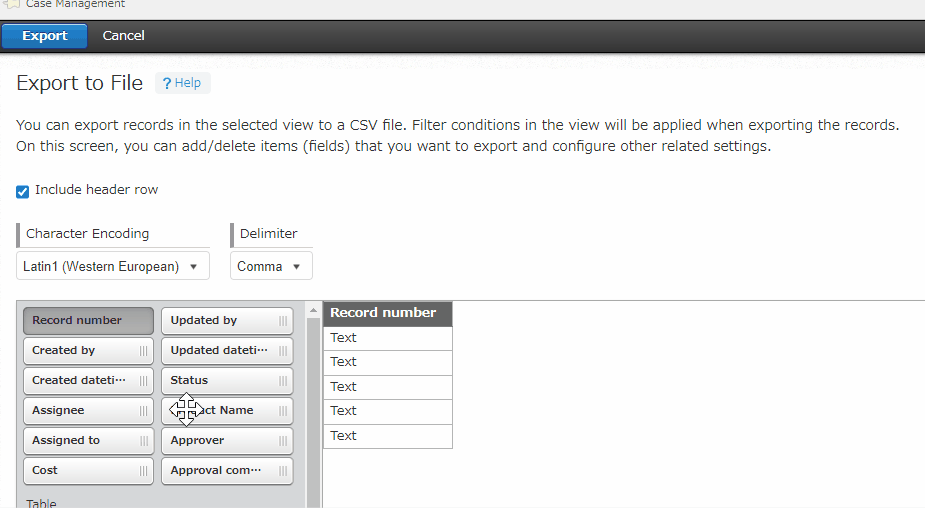 Screenshot: Specifying items to be exported to a file using drag and drop