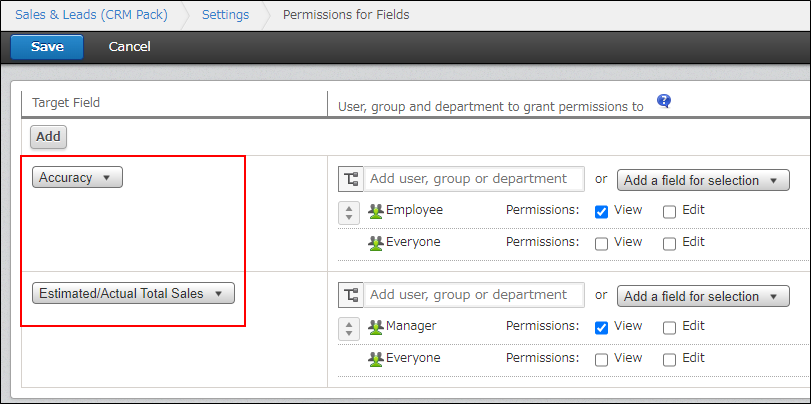 Screenshot: The "Permissions for fields" settings screen