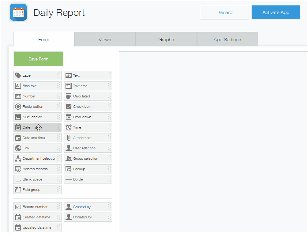 Screenshot: A GIF that shows the fields mentioned above being placed on the app form on the form setting screen