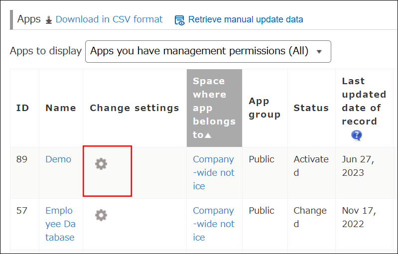 Screenshot: The "Settings" icon (the gear-shaped icon) is displayed to the right of an app name in the "Apps" section of the "App management" screen