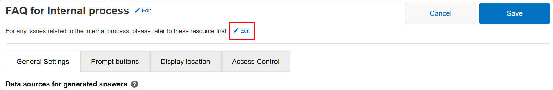Screenshot: The "Edit" button is highlighted on the "AI Search chatbot settings" screen