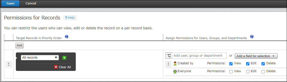 Screenshot: the screen where the "Permissions for records" settings are configured in accordance with the table below