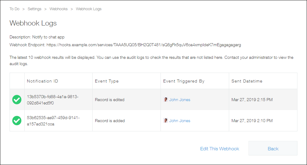 Screenshot: Webhook logs are displayed