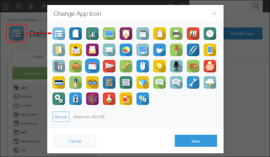 Screenshot: The "Change app icon" dialog is displayed