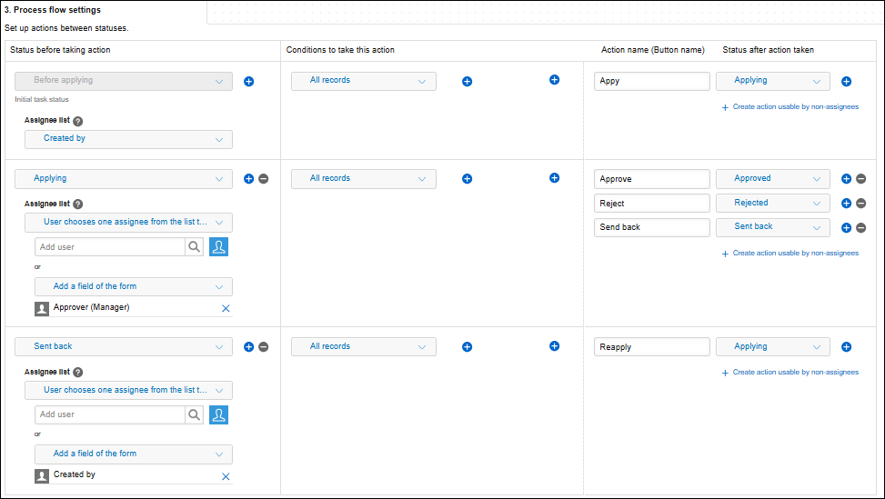 Screenshot: Record processes being set on the "Process management" screen