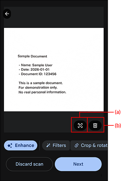 Screenshot: The icons for retaking and deleting are highlighted
