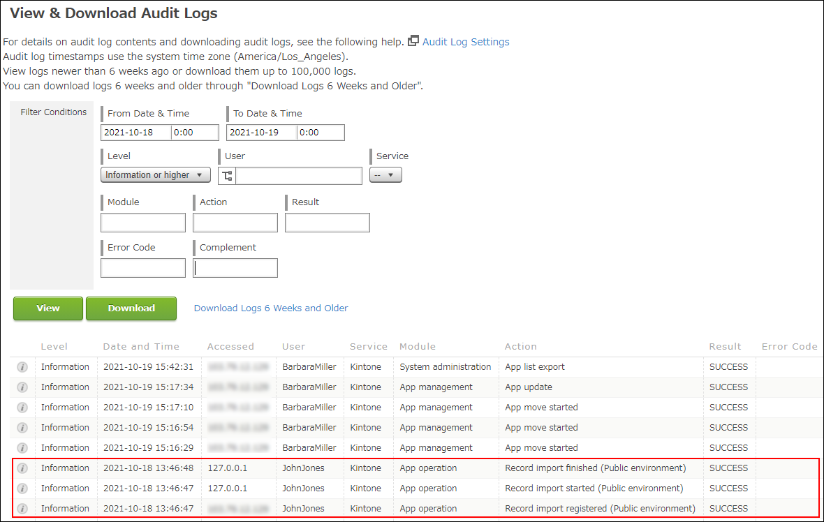 Example of audit logs screen
