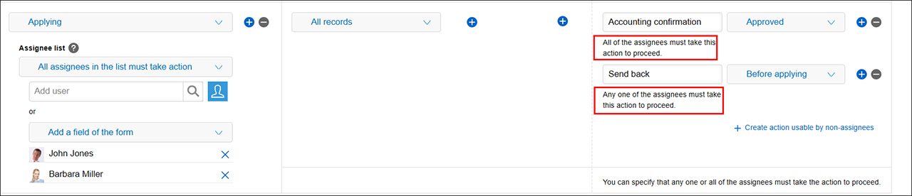 Screenshot: An input field for the action that must be performed by one of the assignees is added on the screen