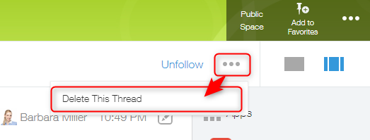 Screenshot: The "Options" icon and "Delete this thread" are outlined