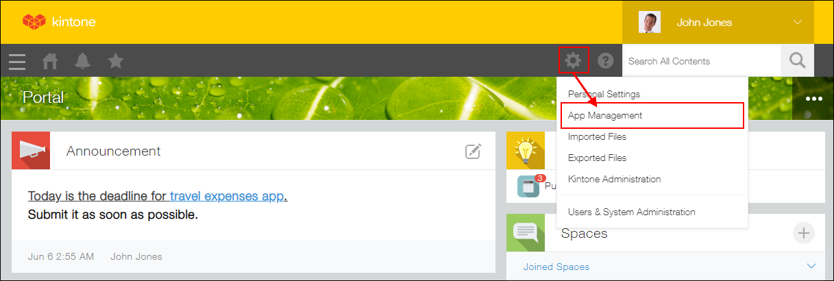 Screenshot: The Portal screen with the "App management" link highlighted