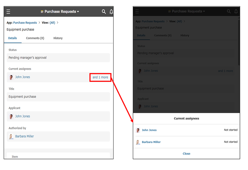 Screenshot: A list of assigned users is displayed when "+N more" is clicked