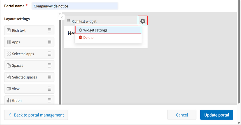 Screenshot: The "Settings" icon and "Widget settings" option are highlighted